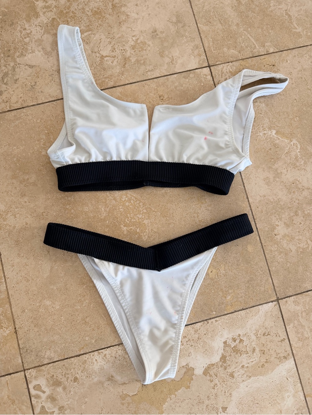 White Two-Piece Bikini with Black Ribbed Bands